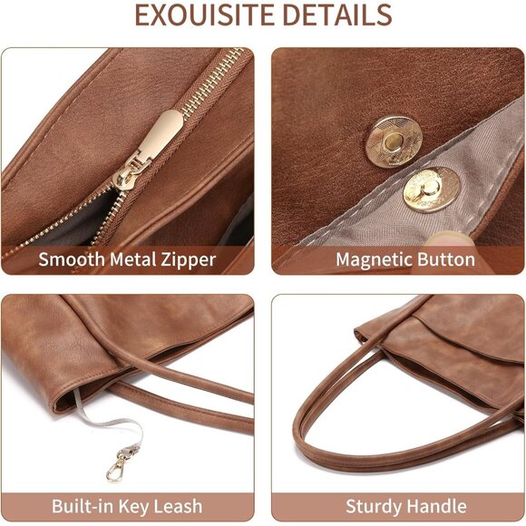 Premium Vegan Leather Tote Bag - Chic Carry-All for Women, 15.35" x 6.3" - Picture 5 of 7